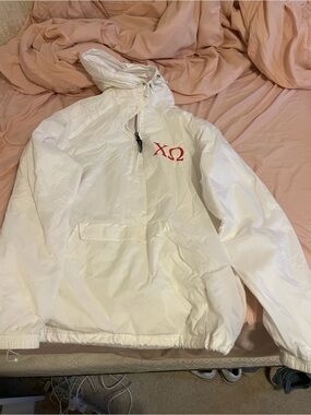 Chi Omega Charles River Apparel White Hooded Pullover Windbreaker